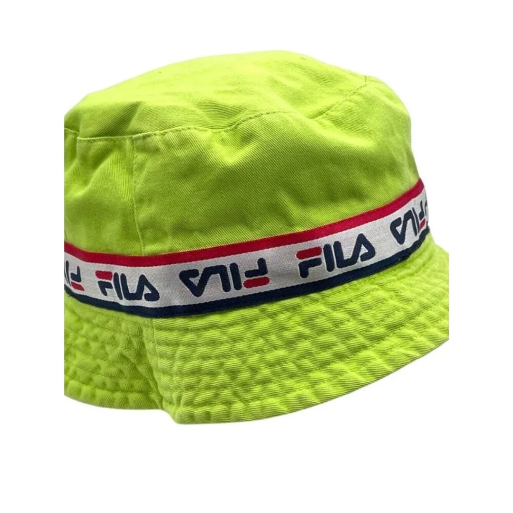 FILA Cotton Bucket Hat Neon Green All Over FILA Hat Band Unisex One Size RARE